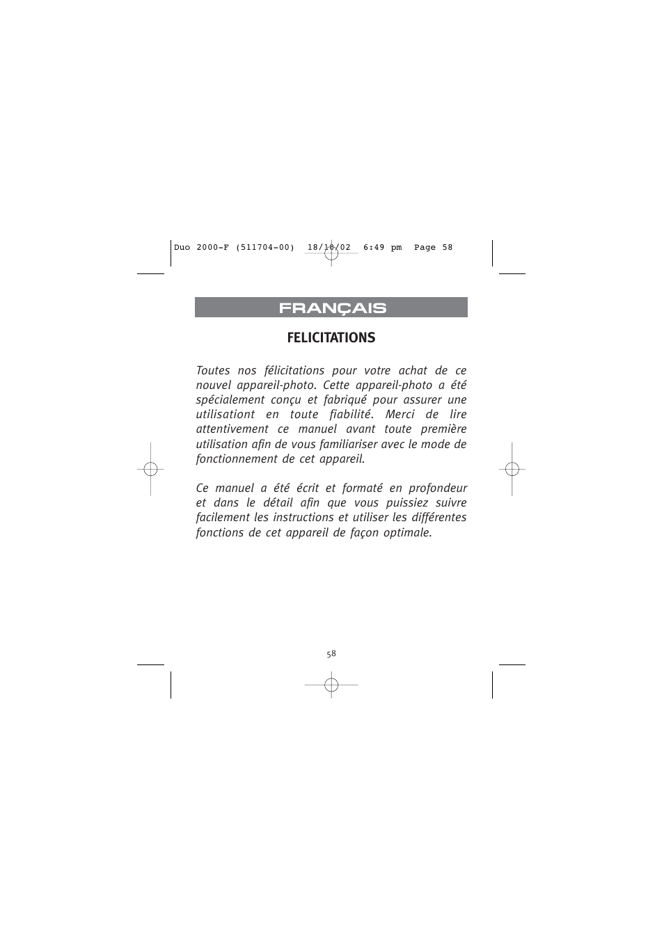 Français, Felicitations | Concord Camera Duo 2000 User Manual | Page 60 / 231