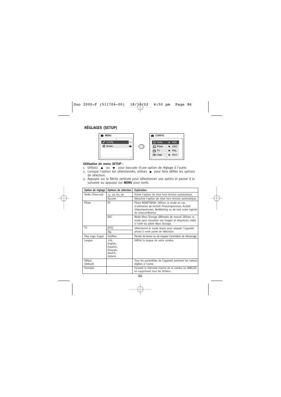 Réglages (setup) | Concord Camera Duo 2000 User Manual | Page 88 / 231