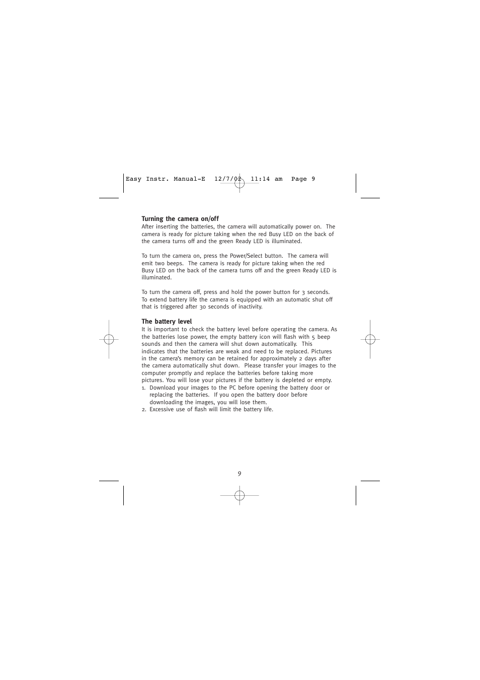 Turning the camera on/off, The battery level | Concord Camera Eye-Q Easy Digital Camera User Manual | Page 10 / 25