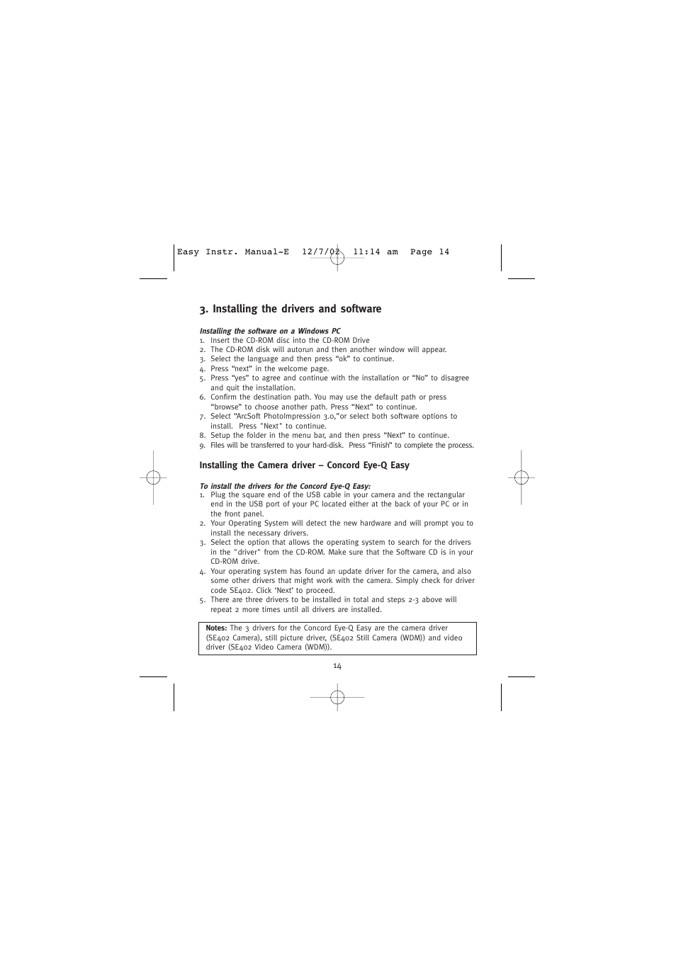 Installing the drivers and software, Installing the camera driver – concord eye-q easy | Concord Camera Eye-Q Easy Digital Camera User Manual | Page 15 / 25