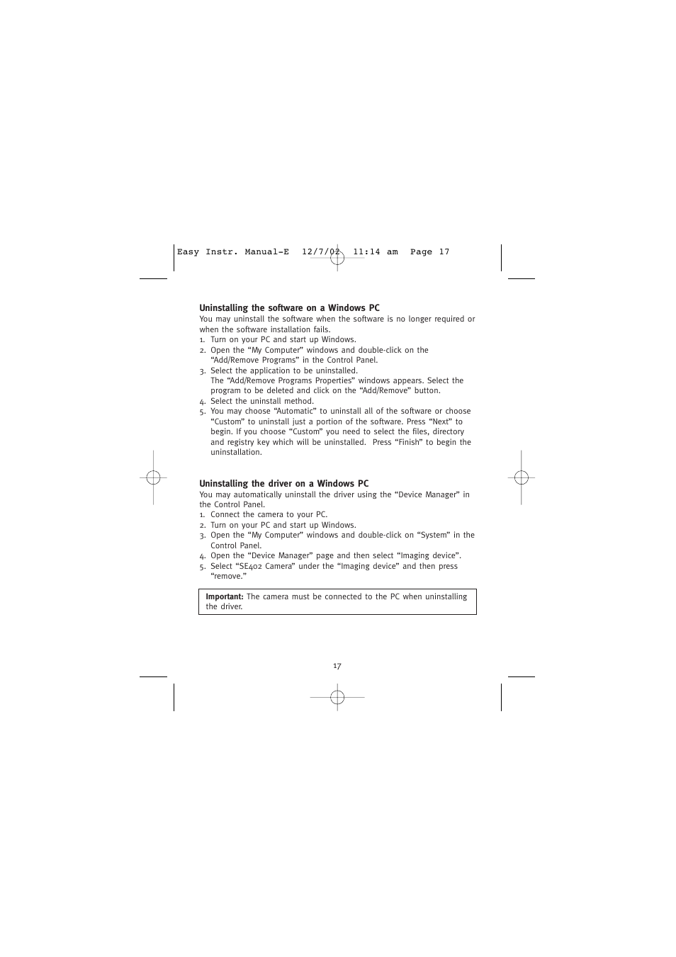 Uninstalling the software on a windows pc, Uninstalling the driver on a windows pc | Concord Camera Eye-Q Easy Digital Camera User Manual | Page 18 / 25