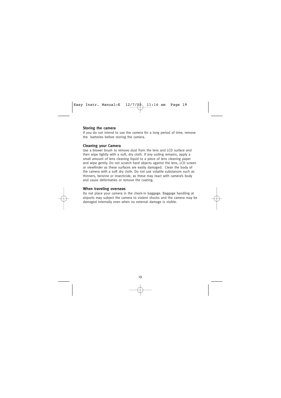 Storing the camera, Cleaning your camera, When traveling overseas | Concord Camera Eye-Q Easy Digital Camera User Manual | Page 20 / 25