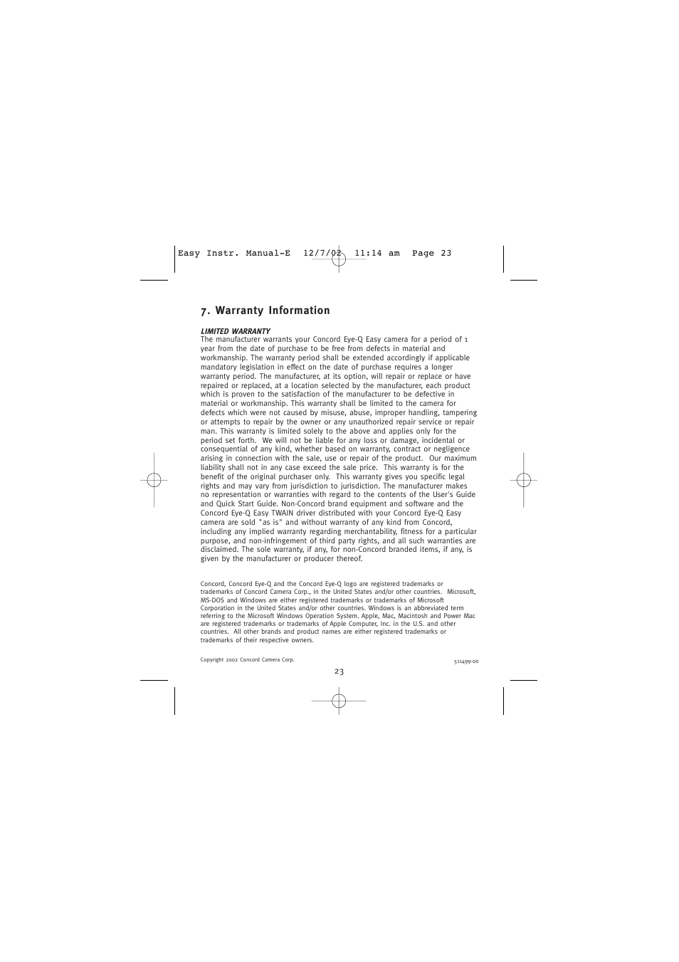 Warranty information | Concord Camera Eye-Q Easy Digital Camera User Manual | Page 24 / 25