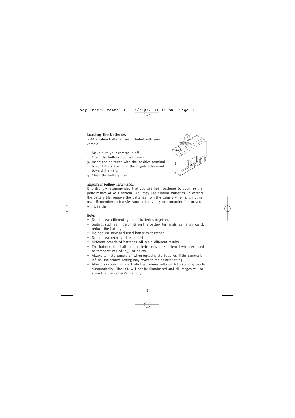 Loading the batteries | Concord Camera Eye-Q Easy Digital Camera User Manual | Page 9 / 25