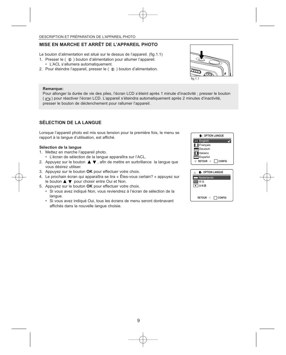 Mise en marche et arr¨ºt de l¡¯appareil photo, S¨¦lection de la langue, Mise en marche et arrêt de l’appareil photo | Sélection de la langue | Concord Camera Concord Eye-Q Eye-Q 3042AF User Manual | Page 11 / 40
