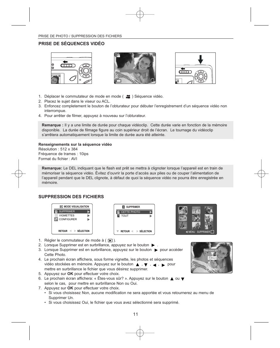 Prise de s¨¦quences vid¨¦o, Suppression des fichiers, Prise de séquences vidéo | Concord Camera Concord Eye-Q Eye-Q 3042AF User Manual | Page 13 / 40