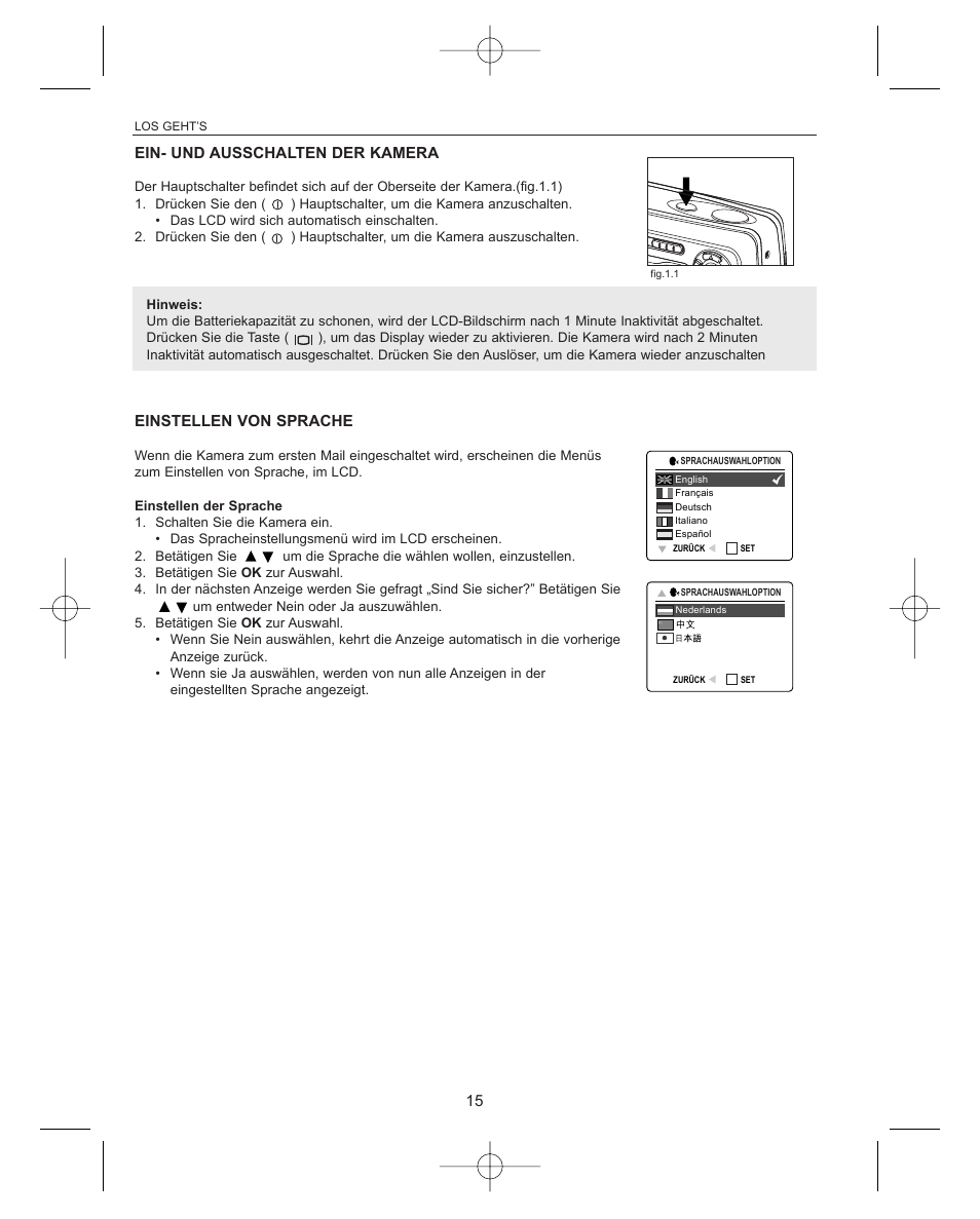 Ein- und ausschalten der kamera, Einstellen von sprache | Concord Camera Concord Eye-Q Eye-Q 3042AF User Manual | Page 17 / 40