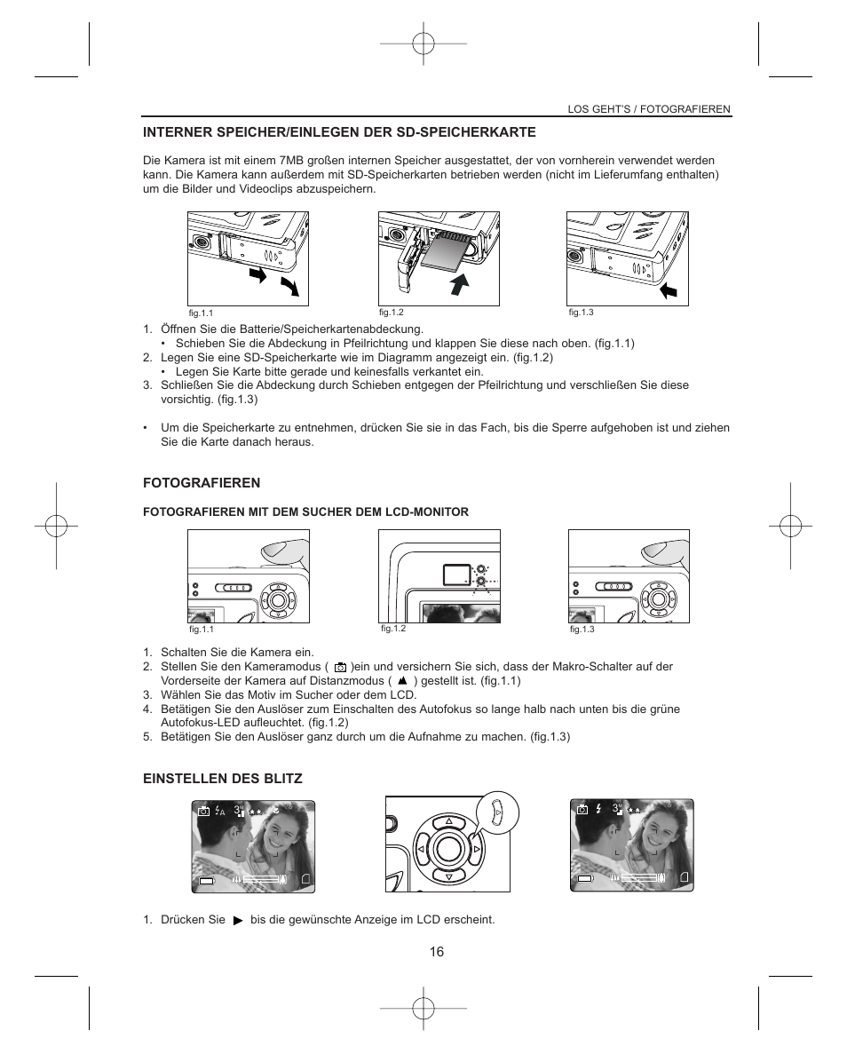 Interner speicher/einlegen der sd-speicherkarte, Fotografieren, Einstellen des blitz | Los geht’s / fotografieren | Concord Camera Concord Eye-Q Eye-Q 3042AF User Manual | Page 18 / 40