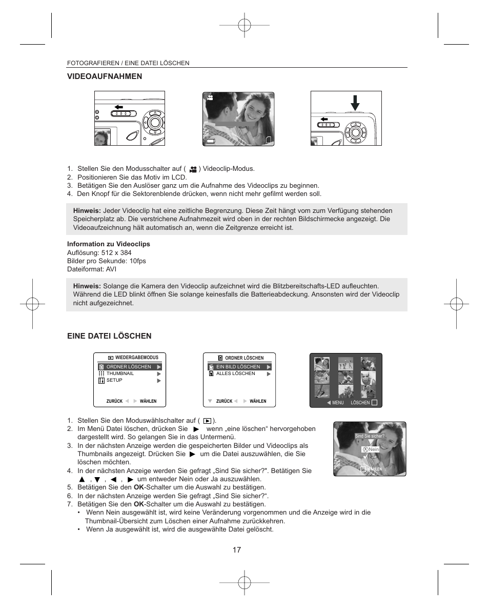 Videoaufnahmen, Eine datei l.schen, Eine datei löschen | Concord Camera Concord Eye-Q Eye-Q 3042AF User Manual | Page 19 / 40