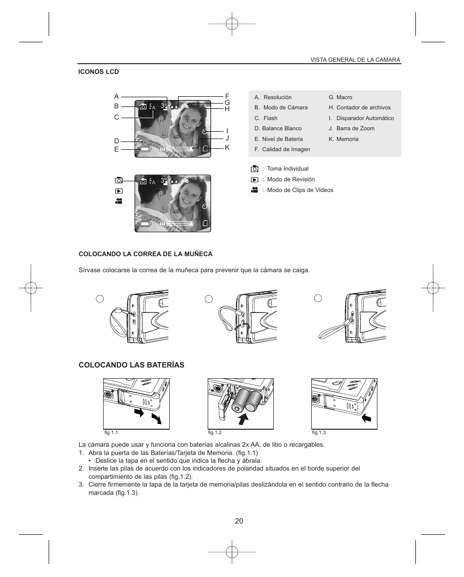 Iconos lcd, Colocando la correa de la mu.eca, Colocando las bater¨ªas | Colocando las baterías | Concord Camera Concord Eye-Q Eye-Q 3042AF User Manual | Page 22 / 40