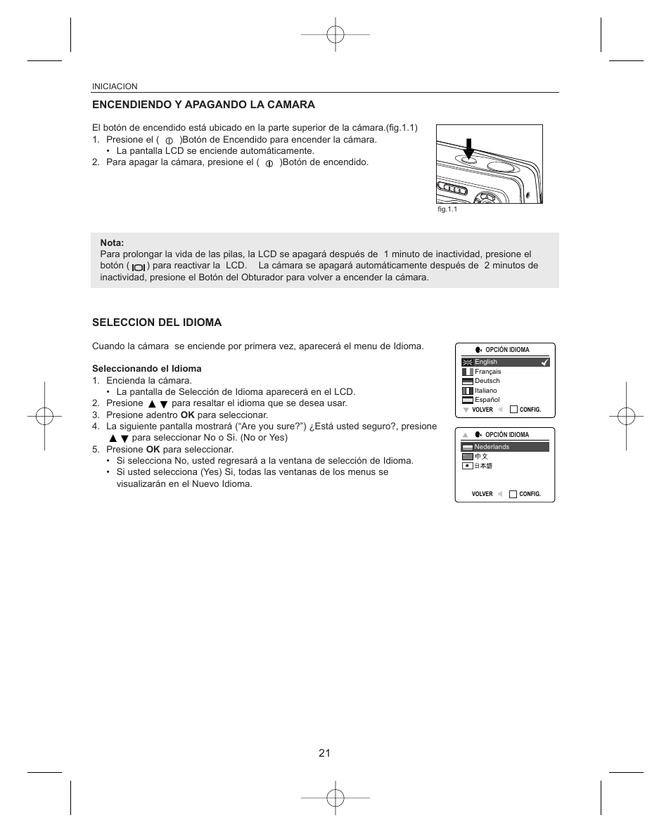 Encendiendo y apagando la camara, Seleccion del idioma | Concord Camera Concord Eye-Q Eye-Q 3042AF User Manual | Page 23 / 40