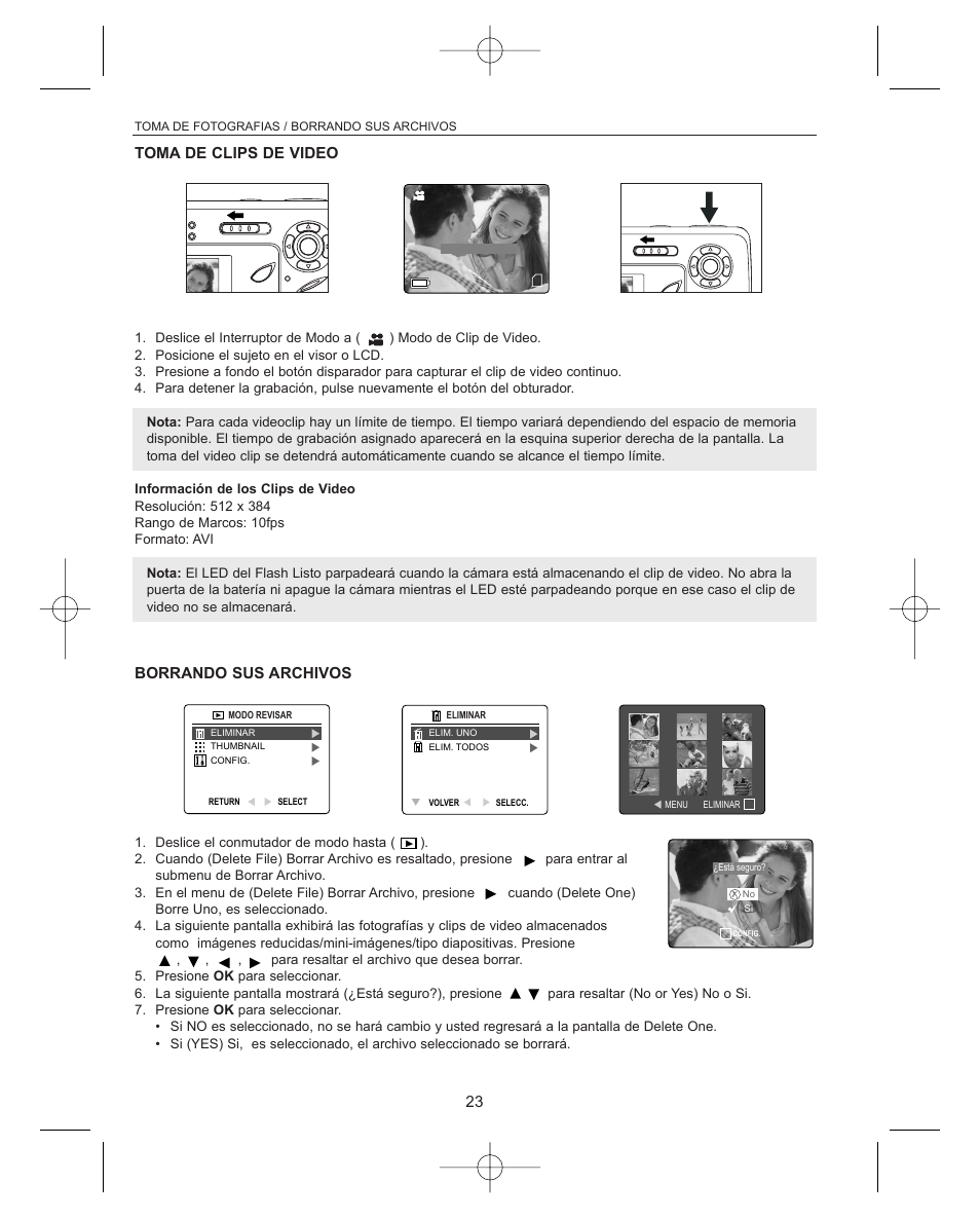 Toma de clips de video, Borrando sus archivos | Concord Camera Concord Eye-Q Eye-Q 3042AF User Manual | Page 25 / 40