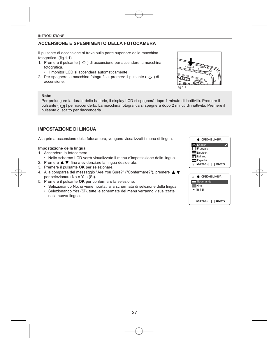 Accensione e spegnimento della fotocamera, Impostazione di lingua | Concord Camera Concord Eye-Q Eye-Q 3042AF User Manual | Page 29 / 40