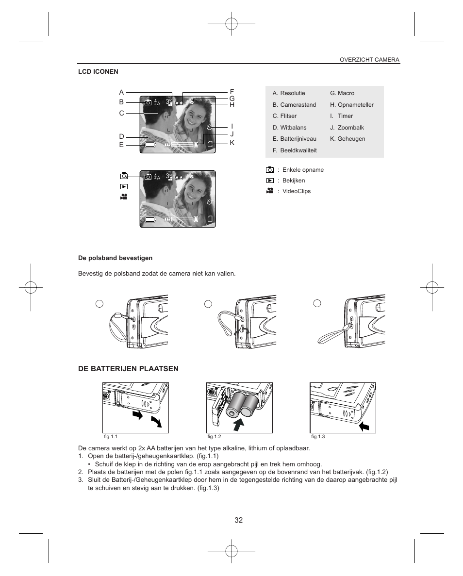 Lcd iconen, De polsband bevestigen, De batterijen plaatsen | Enkele opname : bekijken : videoclips | Concord Camera Concord Eye-Q Eye-Q 3042AF User Manual | Page 34 / 40