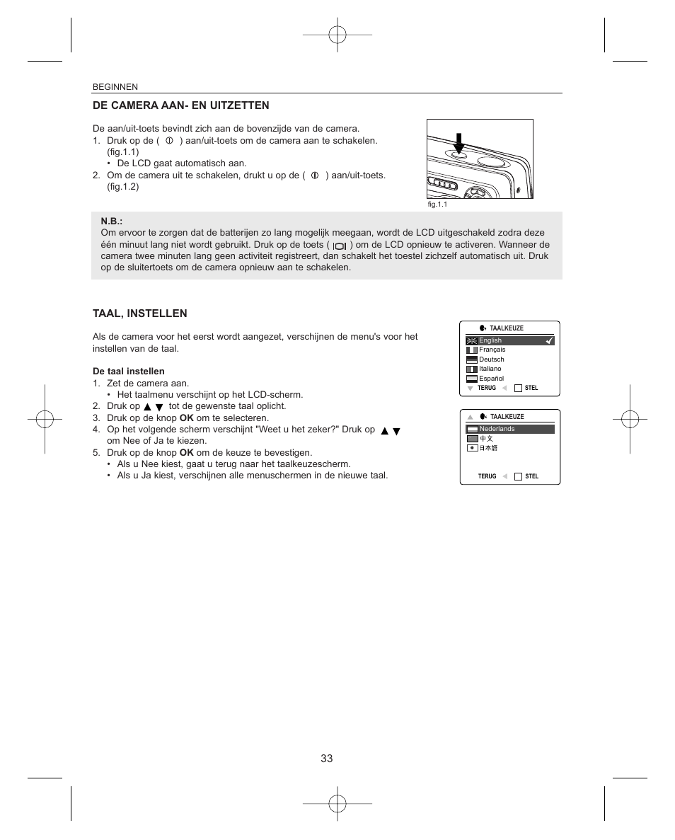 De camera aan- en uitzetten, Taal, instellen | Concord Camera Concord Eye-Q Eye-Q 3042AF User Manual | Page 35 / 40