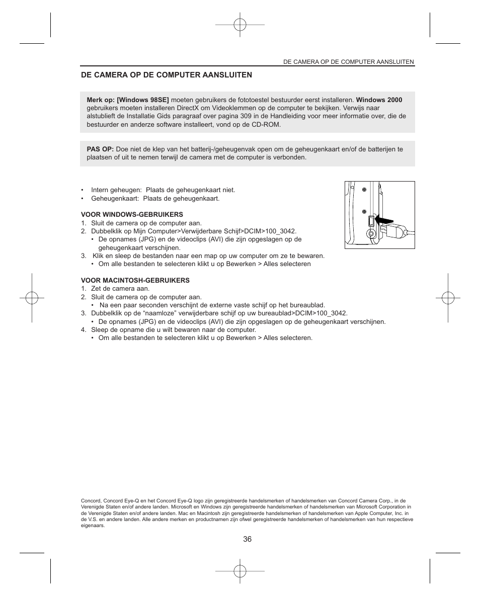 De camera op de computer aansluiten | Concord Camera Concord Eye-Q Eye-Q 3042AF User Manual | Page 38 / 40