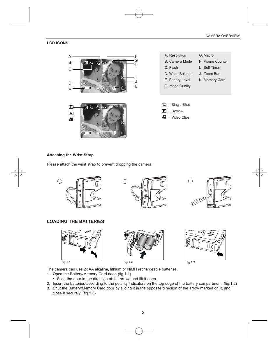 Lcd icons, Attaching the wrist strap, Loading the batteries | Single shot : review : video clips | Concord Camera Concord Eye-Q Eye-Q 3042AF User Manual | Page 4 / 40