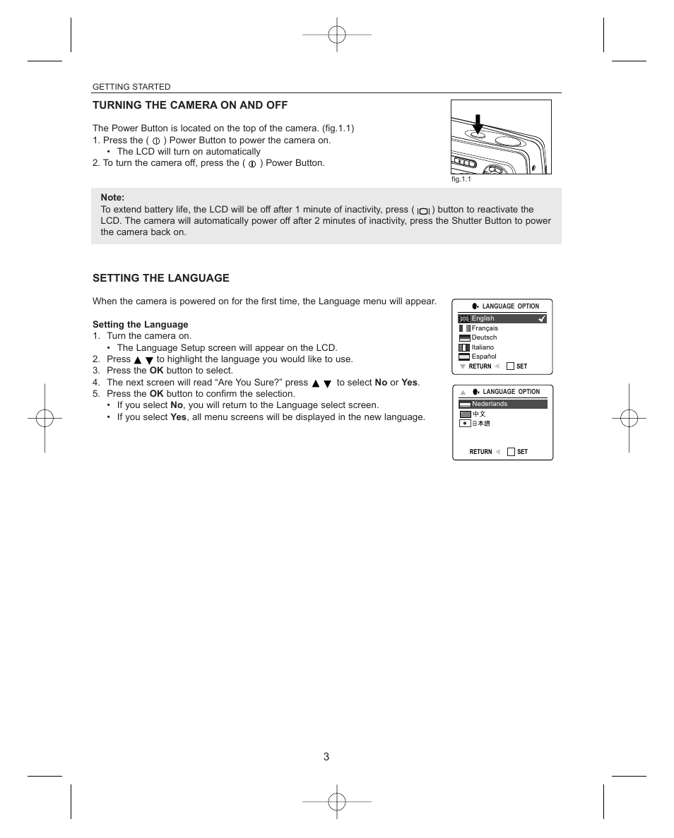 Turning the camera on and off, Setting the language | Concord Camera Concord Eye-Q Eye-Q 3042AF User Manual | Page 5 / 40