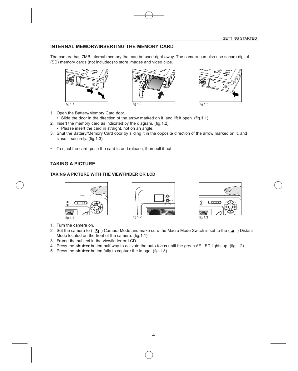 Internal memory/inserting the memory card, Taking a picture, Getting started | Concord Camera Concord Eye-Q Eye-Q 3042AF User Manual | Page 6 / 40
