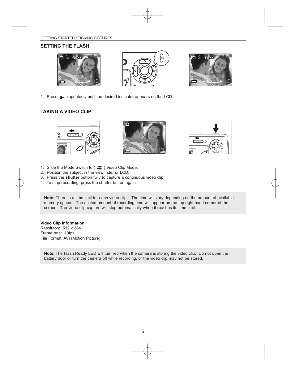 Setting the flash, Taking a video clip, Getting started / ticking pictures | Concord Camera Concord Eye-Q Eye-Q 3042AF User Manual | Page 7 / 40