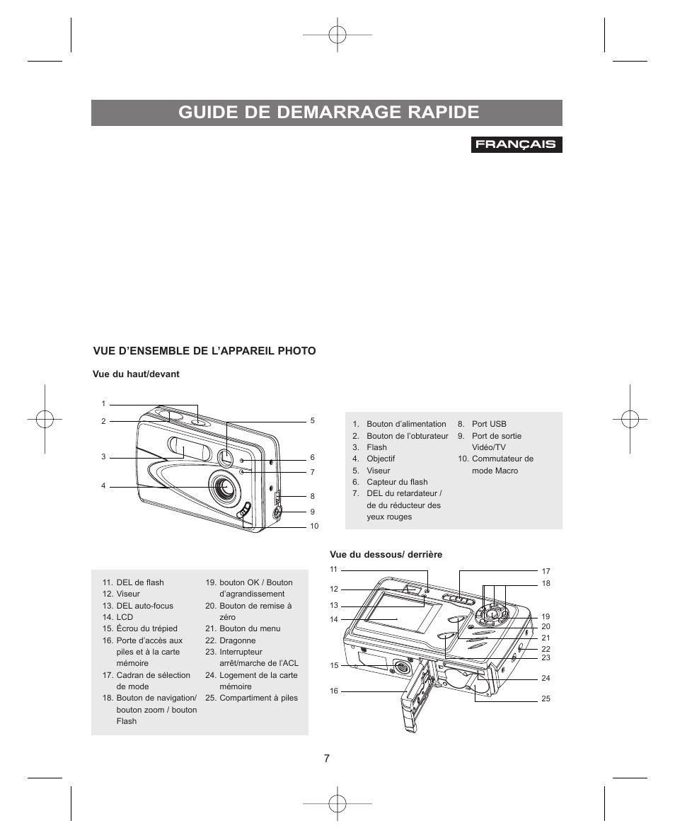 Fran.ais, Vue d¡¯ensemble de l¡¯appareil photo, Guide de demarrage rapide | Concord Camera Concord Eye-Q Eye-Q 3042AF User Manual | Page 9 / 40