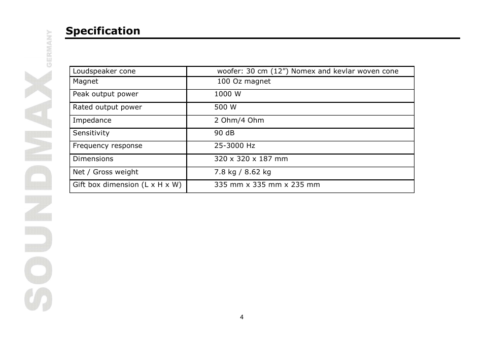 Specification | SoundMax SM-CSP121 User Manual | Page 4 / 7