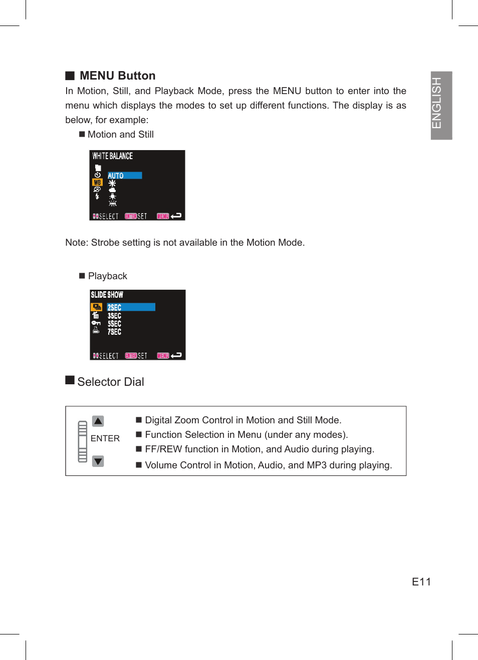 English, Menu button, Selector dial | Concord Camera DV2020 User Manual | Page 12 / 69