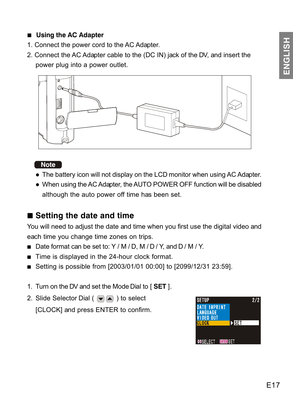 English, Setting the date and time | Concord Camera DV2020 User Manual | Page 18 / 69