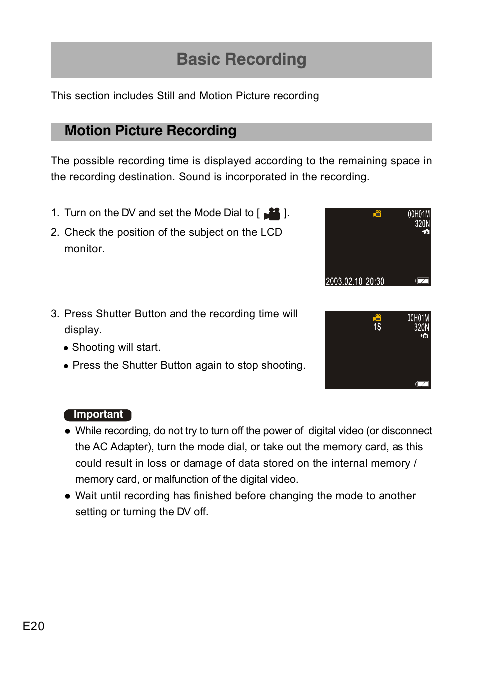 Basic recording, Motion picture recording | Concord Camera DV2020 User Manual | Page 21 / 69