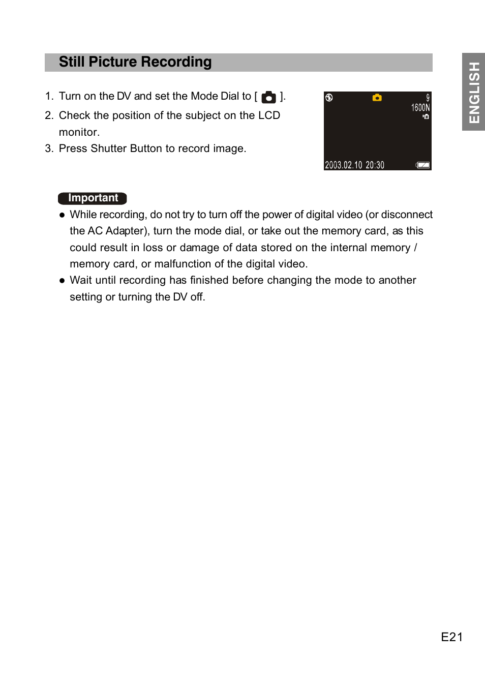 Still picture recording, English | Concord Camera DV2020 User Manual | Page 22 / 69