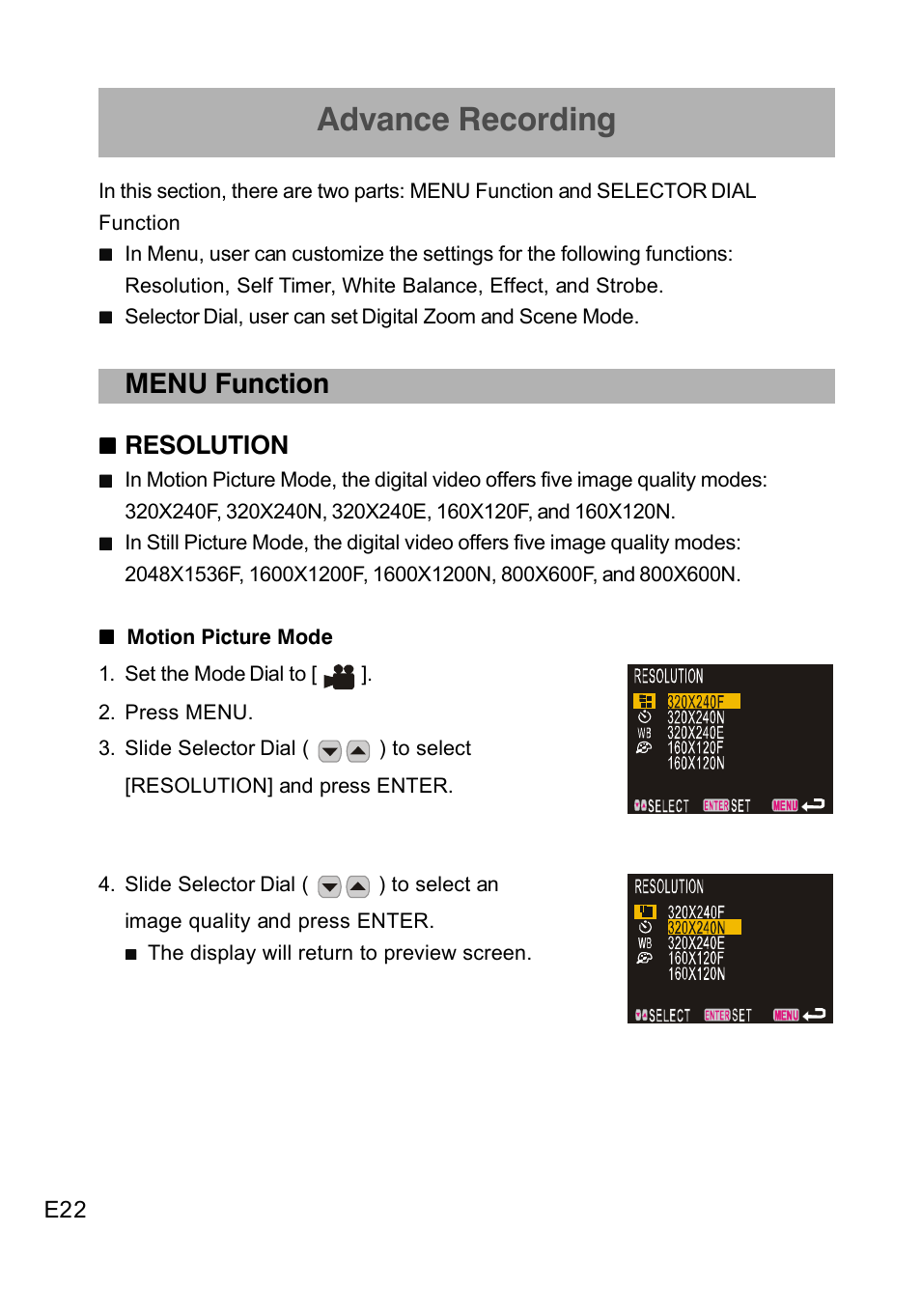 Advance recording, Menu function, Resolution | Concord Camera DV2020 User Manual | Page 23 / 69