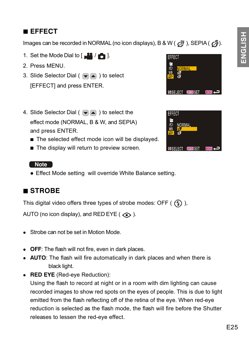 English, Effect, Strobe | Concord Camera DV2020 User Manual | Page 26 / 69