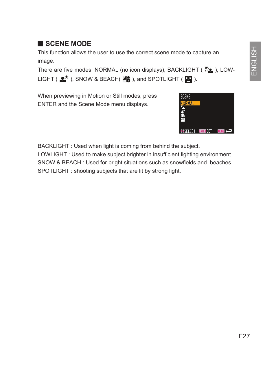 English, Scene mode | Concord Camera DV2020 User Manual | Page 28 / 69