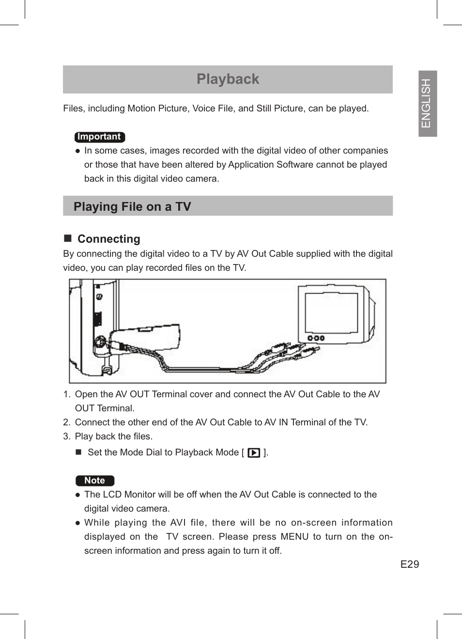 Playback, Playing file on a tv n, English | Connecting | Concord Camera DV2020 User Manual | Page 30 / 69