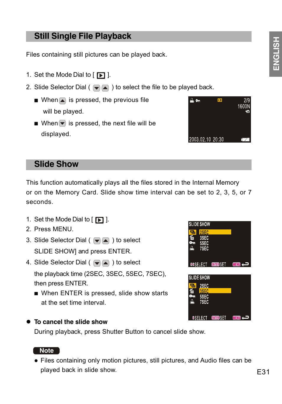 Still single file playback, Slide show, English | Concord Camera DV2020 User Manual | Page 32 / 69