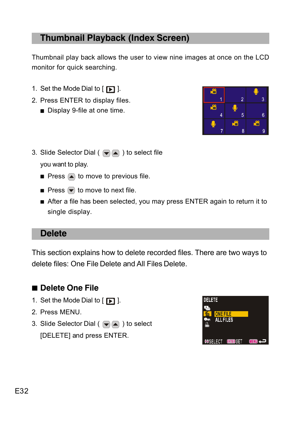 Thumbnail playback (index screen), Delete, Delete one file | Concord Camera DV2020 User Manual | Page 33 / 69