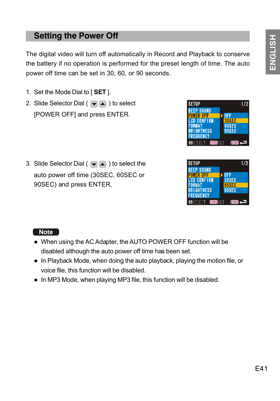 Setting the power off, English | Concord Camera DV2020 User Manual | Page 42 / 69