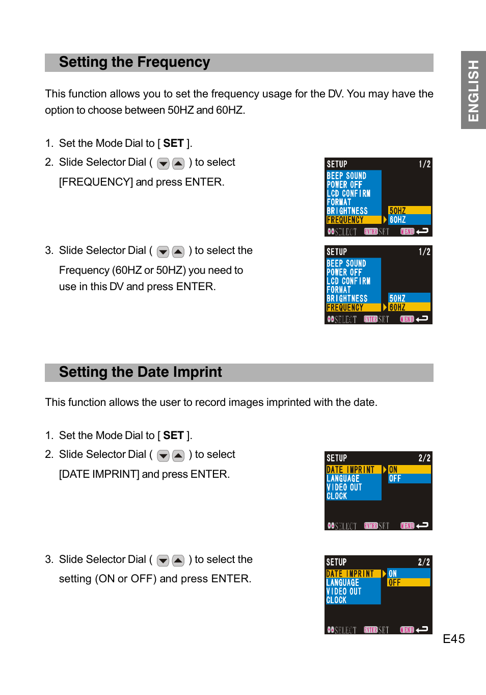 Setting the frequency, Setting the date imprint, English | Concord Camera DV2020 User Manual | Page 46 / 69