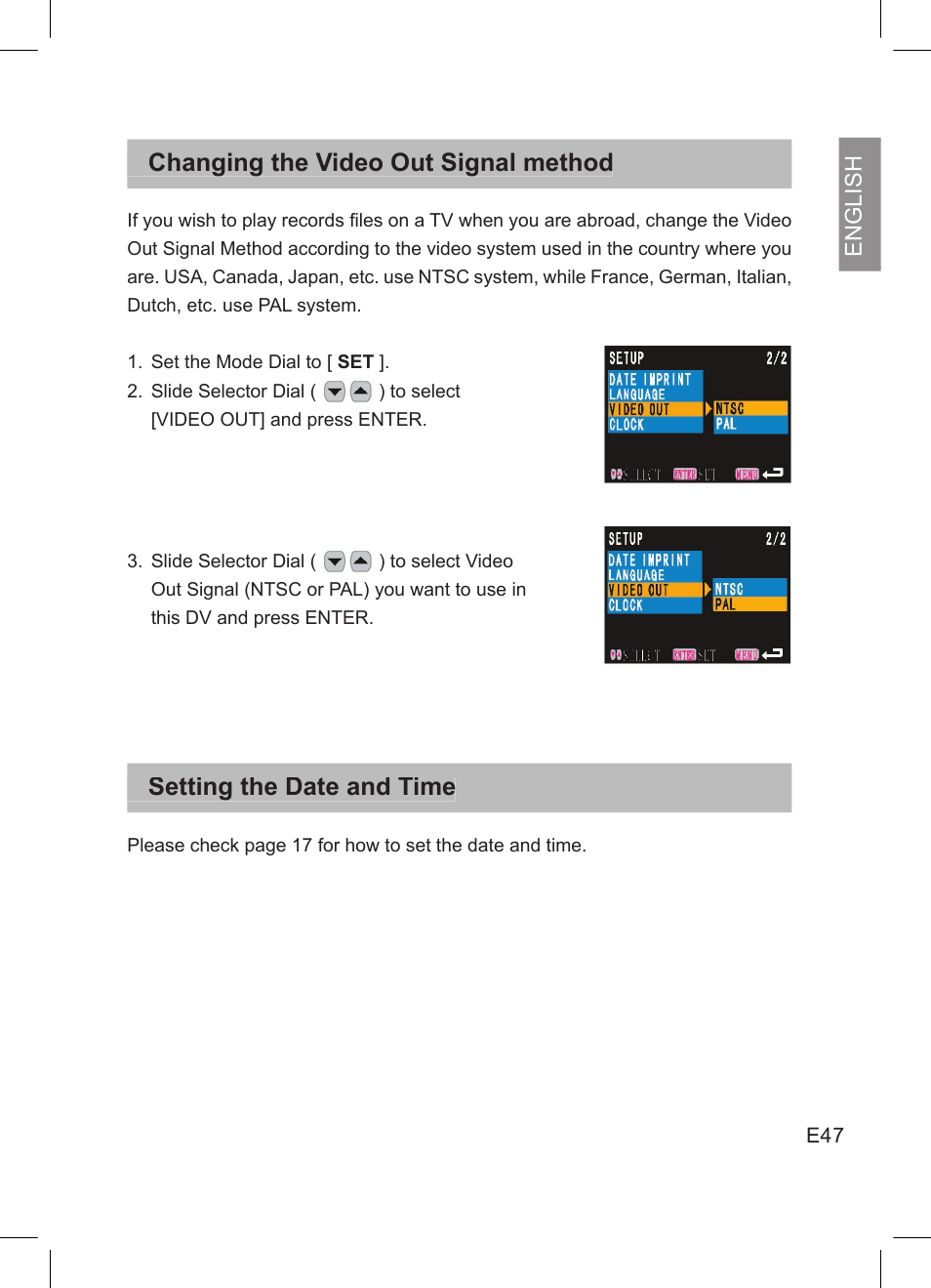 Changing the video out signal method, Setting the date and time | Concord Camera DV2020 User Manual | Page 48 / 69