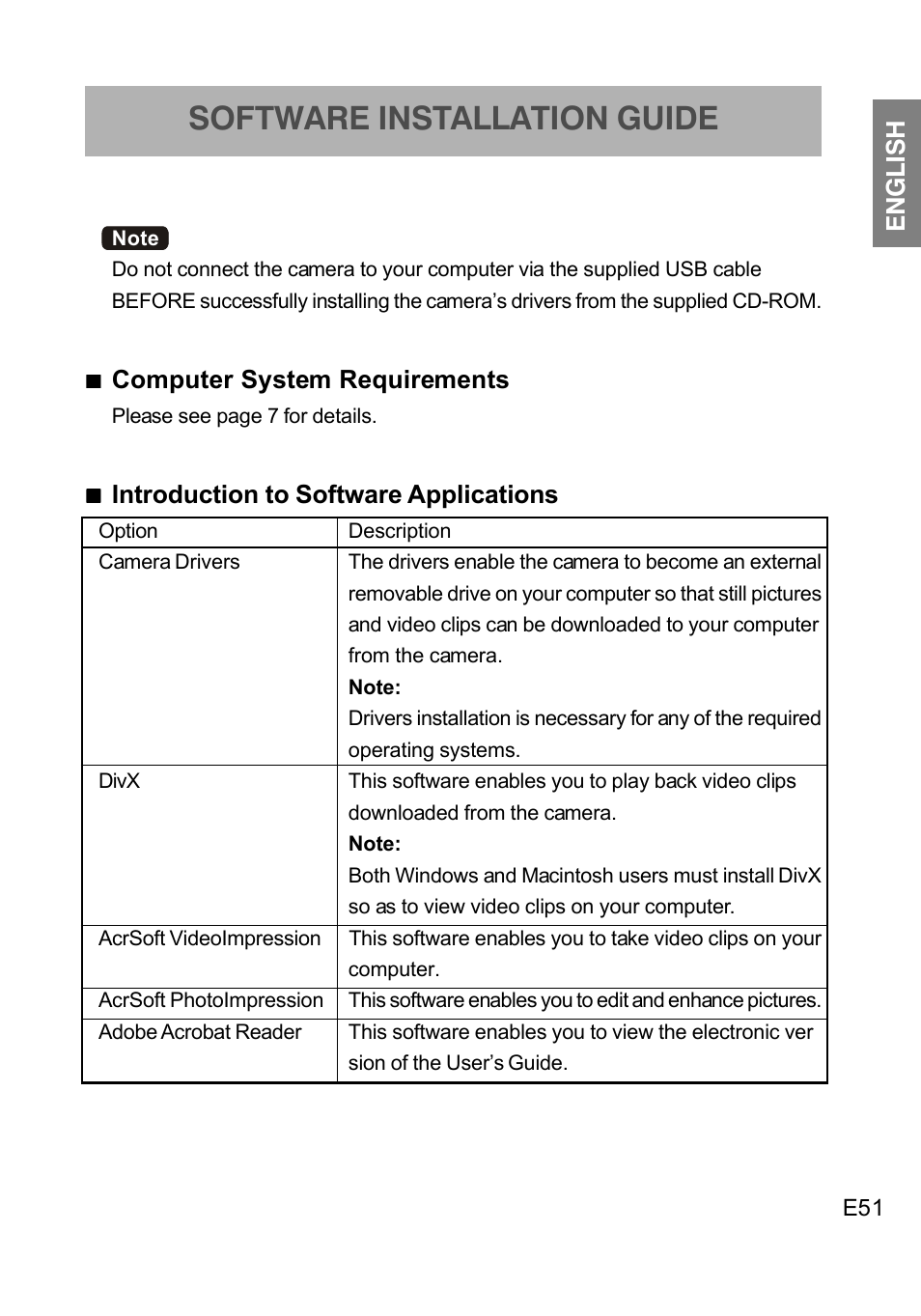 Software installation guide, English, Computer system requirements | Introduction to software applications | Concord Camera DV2020 User Manual | Page 52 / 69