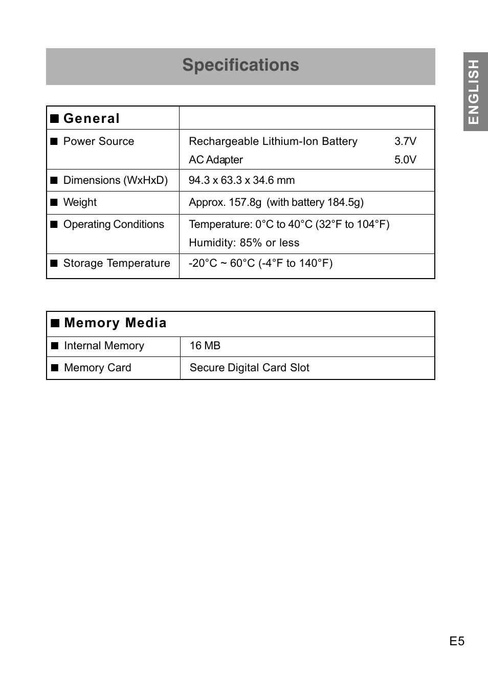 Specifications, English, General | Concord Camera DV2020 User Manual | Page 6 / 69