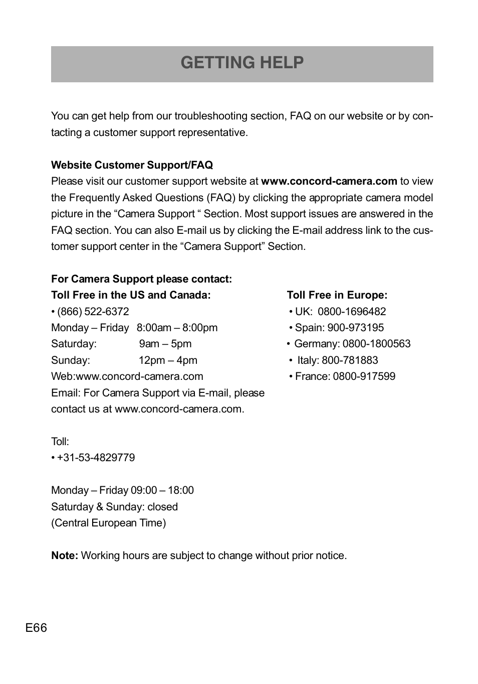 Getting help | Concord Camera DV2020 User Manual | Page 67 / 69