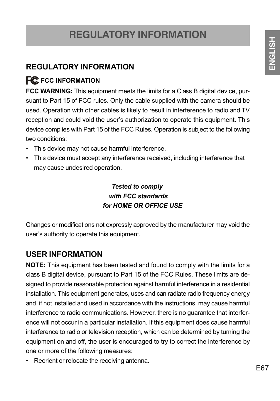 Regulatory information | Concord Camera DV2020 User Manual | Page 68 / 69