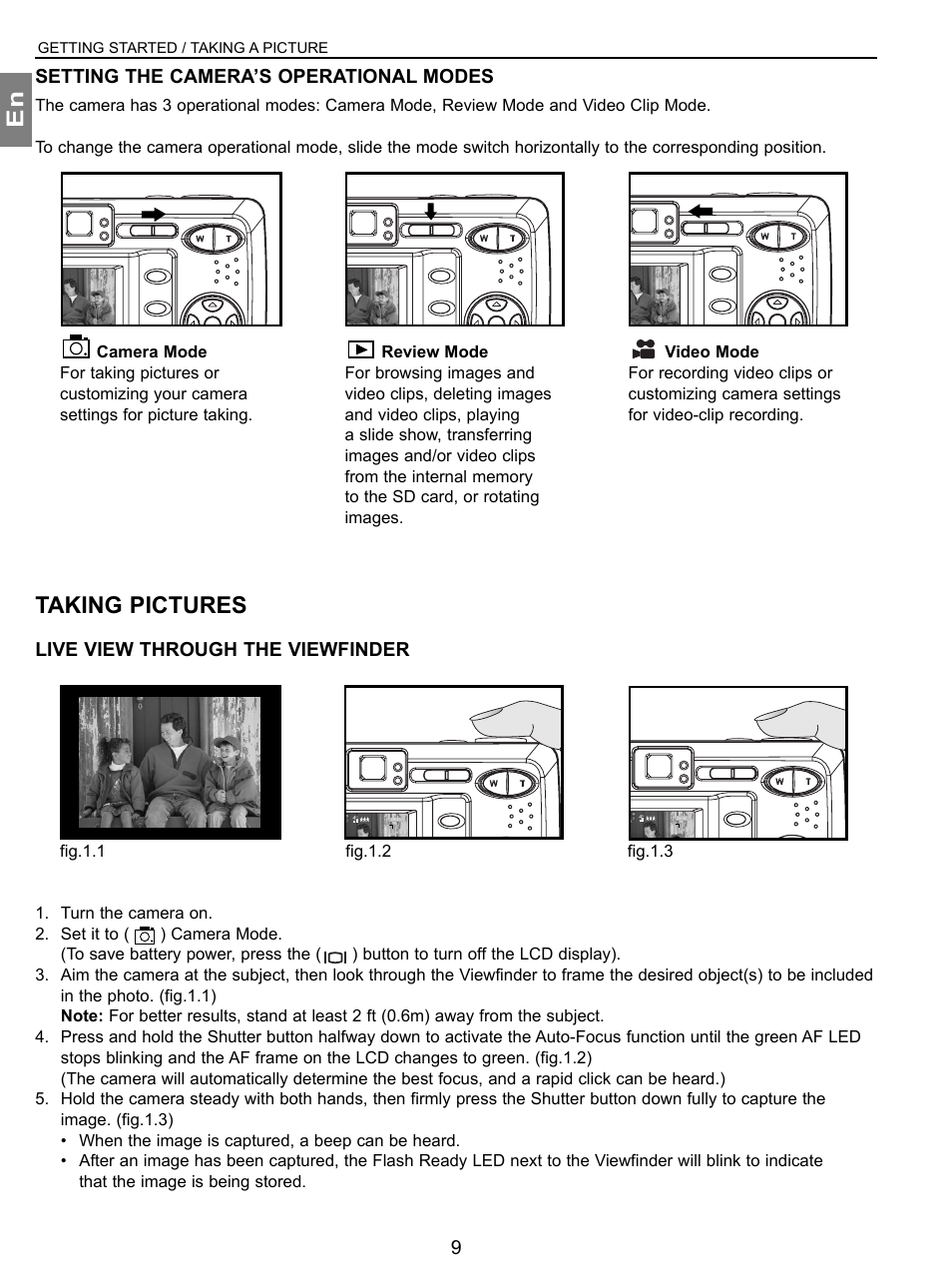 Setting the camera•s operational modes, Taking pictures, Live view through the viewfinder | Setting the camera’s operational modes, Getting started / taking a picture | Concord Camera 3.1 Megapixels Digital Camera User Manual | Page 10 / 76