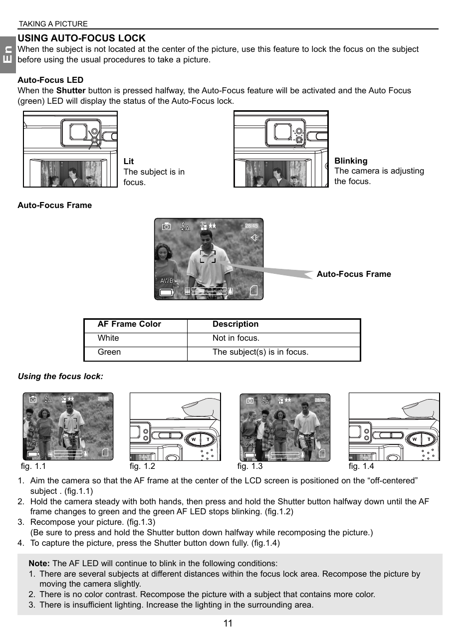 Using auto-focus lock, Fig. 1.1, Auto-focus frame | Taking a picture | Concord Camera 3.1 Megapixels Digital Camera User Manual | Page 12 / 76