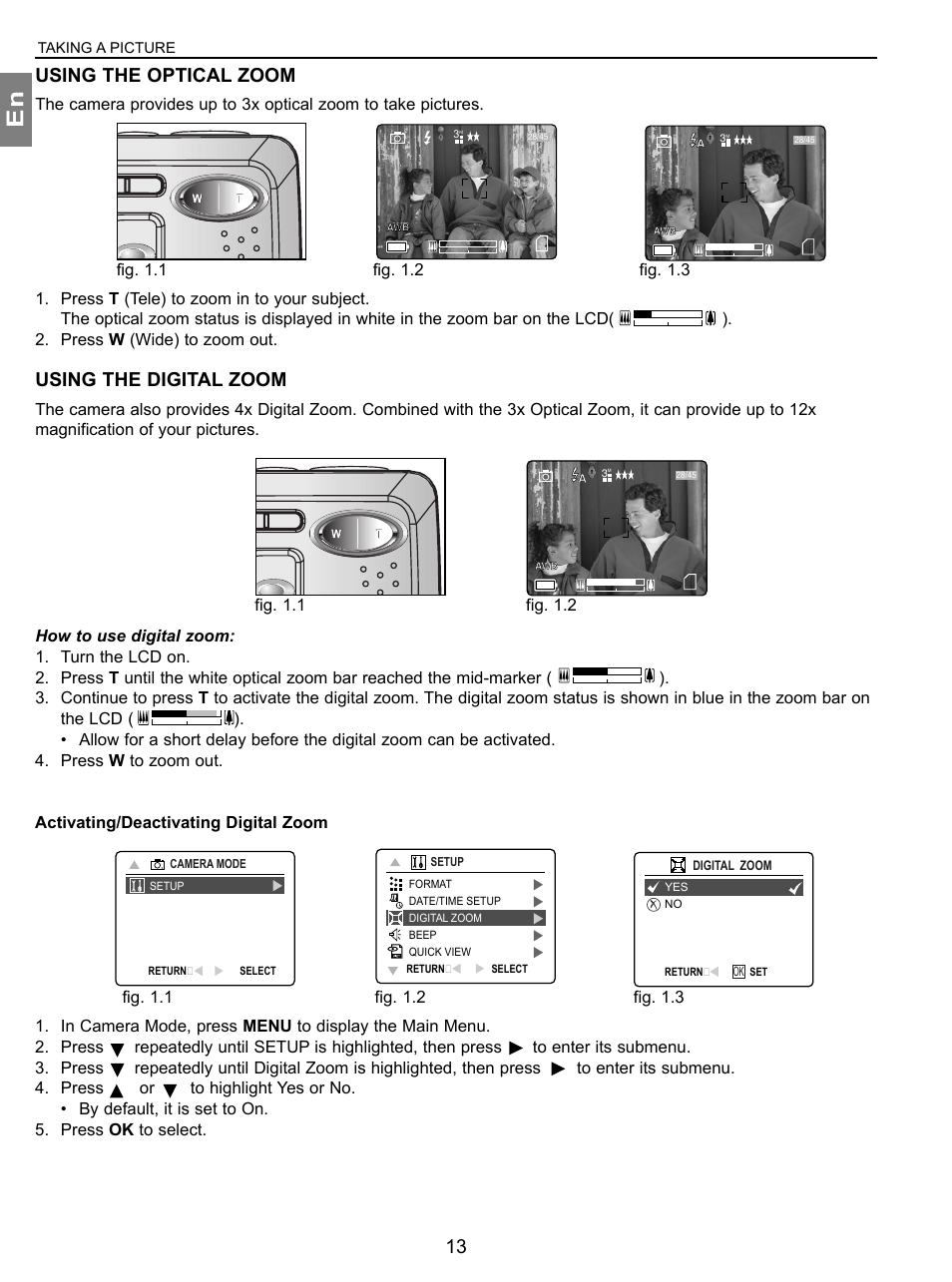 Using the optical zoom, Using the digital zoom, Fig. 1.1 | Fig. 1.2 fig. 1.3, Fig. 1.1 fig. 1.2 | Concord Camera 3.1 Megapixels Digital Camera User Manual | Page 14 / 76