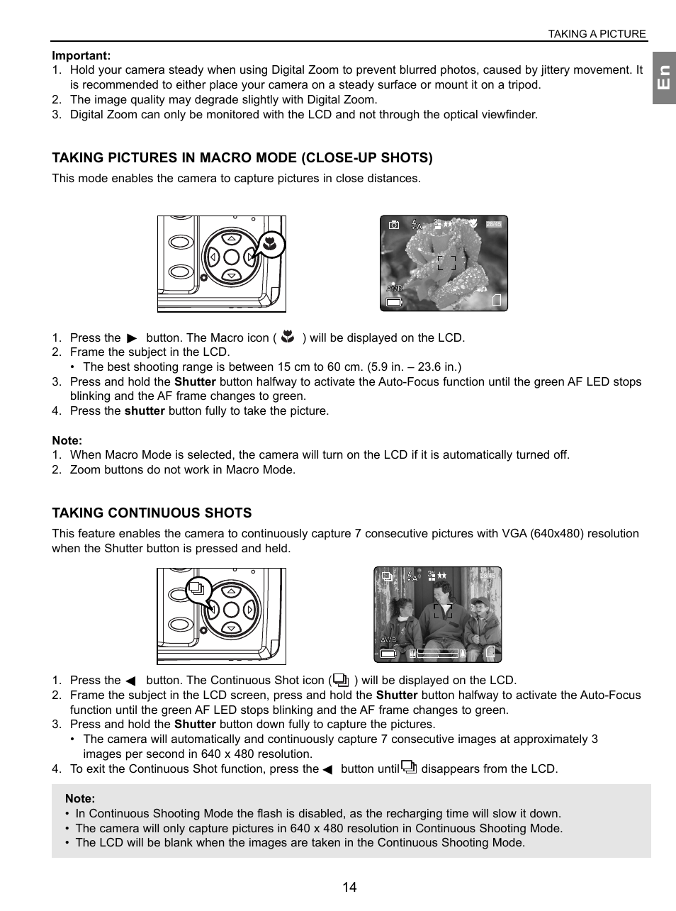 Taking pictures in macro mode, Taking continuous shots, Taking pictures in macro mode (close-up shots) | Taking a picture | Concord Camera 3.1 Megapixels Digital Camera User Manual | Page 15 / 76