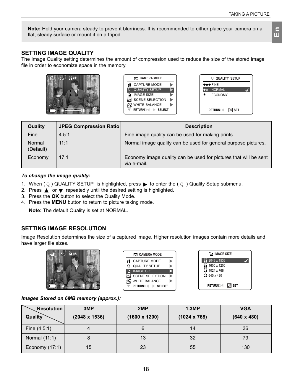 Setting image quality, Setting image resolution | Concord Camera 3.1 Megapixels Digital Camera User Manual | Page 19 / 76
