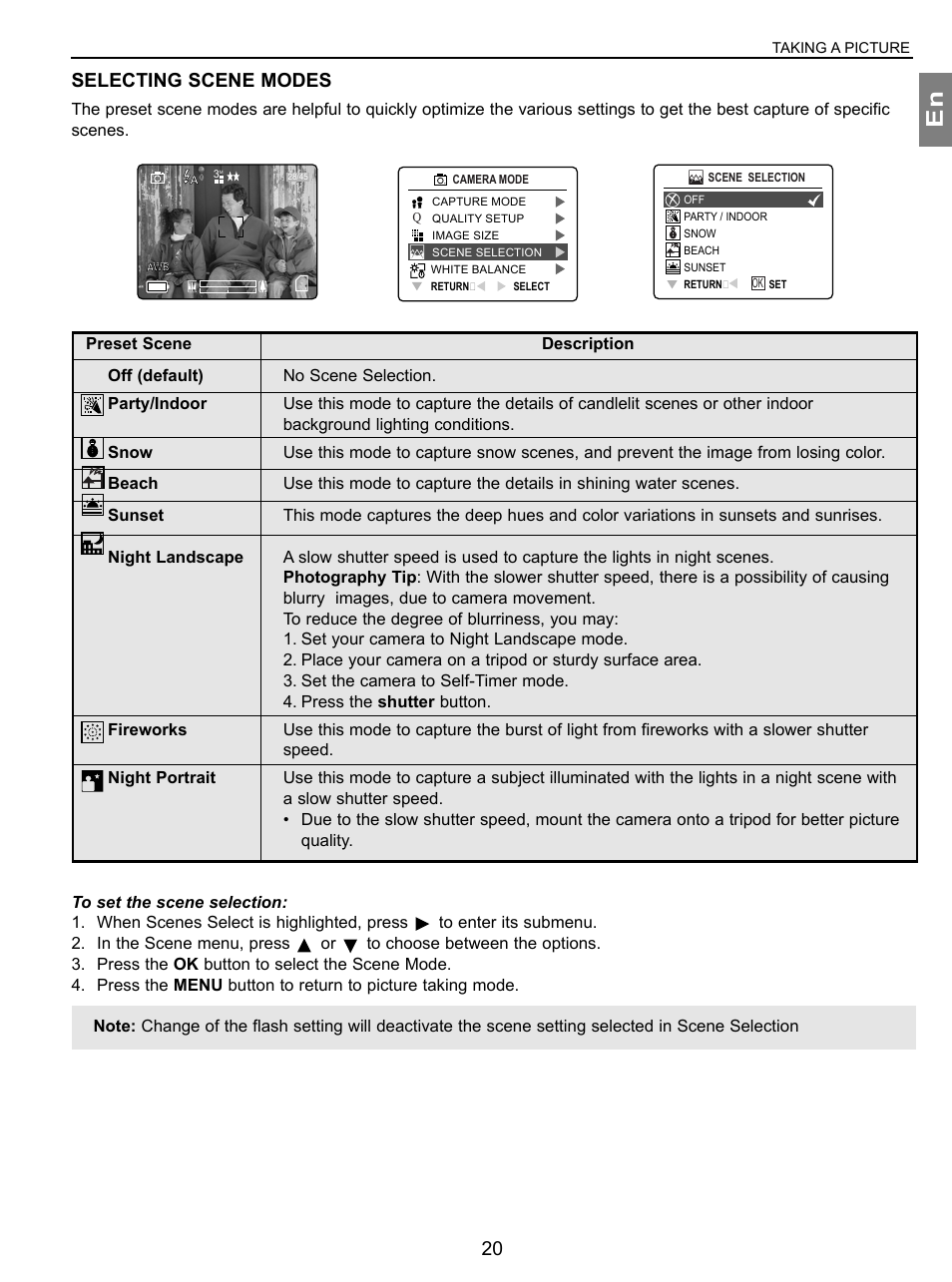 Selecting scene modes | Concord Camera 3.1 Megapixels Digital Camera User Manual | Page 21 / 76