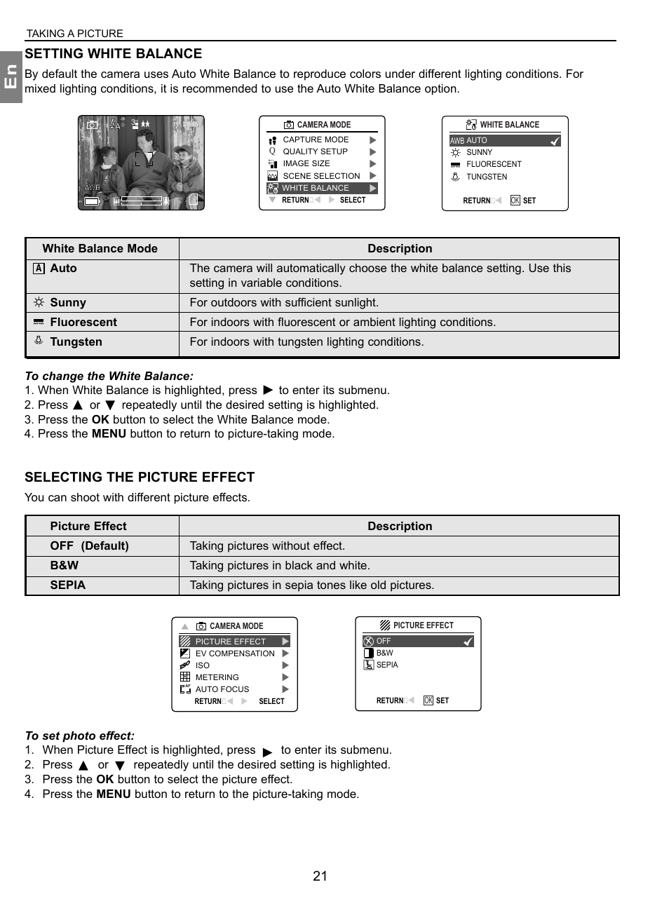 Setting white balance, Selecting the picture effect | Concord Camera 3.1 Megapixels Digital Camera User Manual | Page 22 / 76